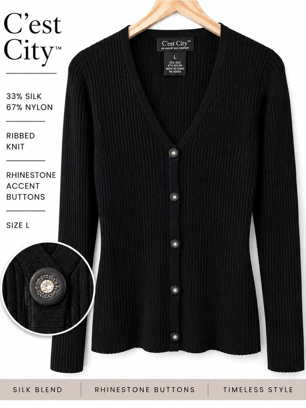 C’est City Silk Blend Black Ribbed Cardigan Rhinestone Buttons Size L